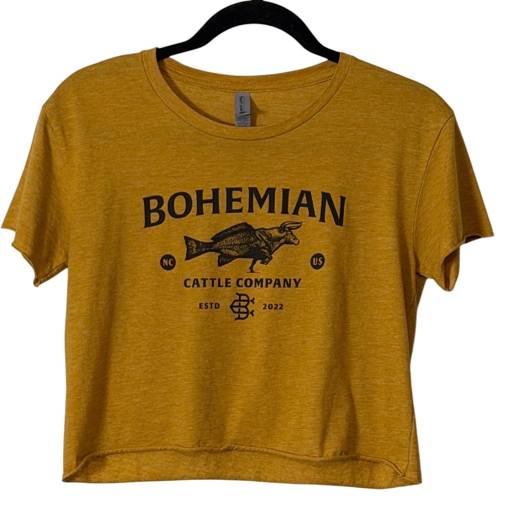 Next Level Womens M Bohemian Cattle Co Mustard Crop Top Western Cowgirl Tee